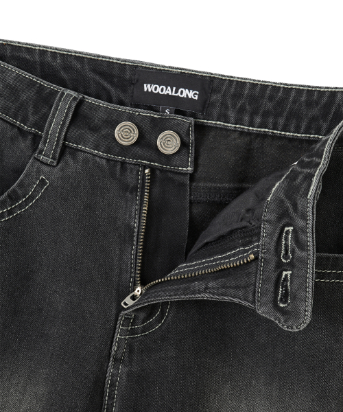 Cat Washed Stitch Bootcut denim pants - BLACK