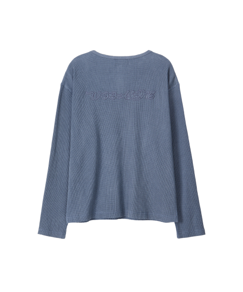 Layered Loose Waffle Henley Neck Long Sleeve Tee - FADE NAVY