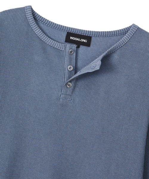Layered Loose Waffle Henley Neck Long Sleeve Tee - FADE NAVY