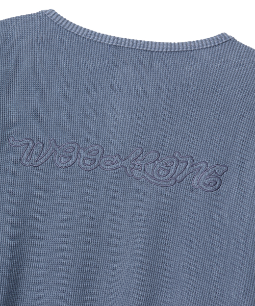 Layered Loose Waffle Henley Neck Long Sleeve Tee - FADE NAVY