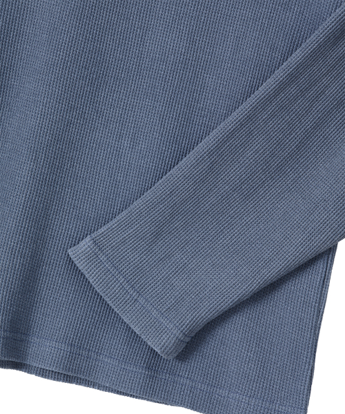 Layered Loose Waffle Henley Neck Long Sleeve Tee - FADE NAVY