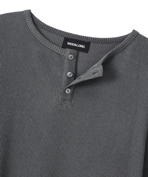 Layered Loose Waffle Henley Neck Long Sleeve Tee - FADE CHARCOAL