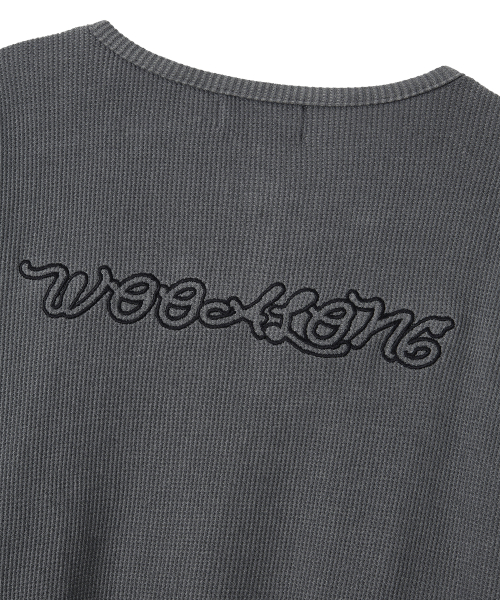 Layered Loose Waffle Henley Neck Long Sleeve Tee - FADE CHARCOAL
