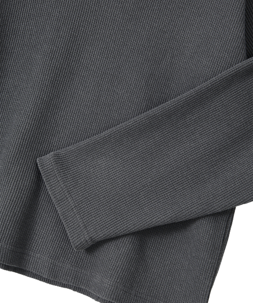 Layered Loose Waffle Henley Neck Long Sleeve Tee - FADE CHARCOAL