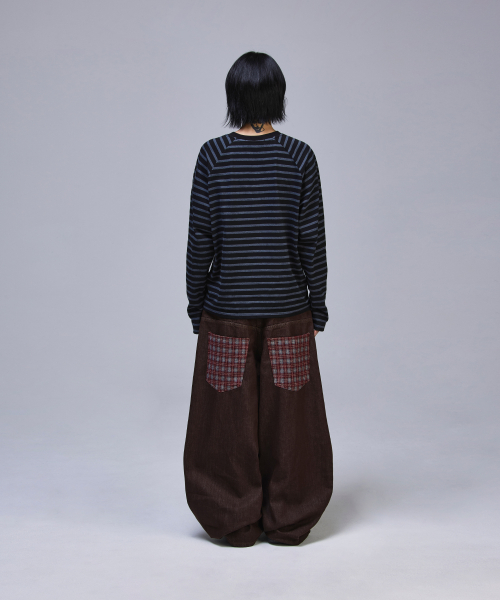 포인트 체크 논페이드 데님 팬츠[브라운]