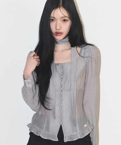 리본 타이 스퀘어넥 롱블라우스 그레이