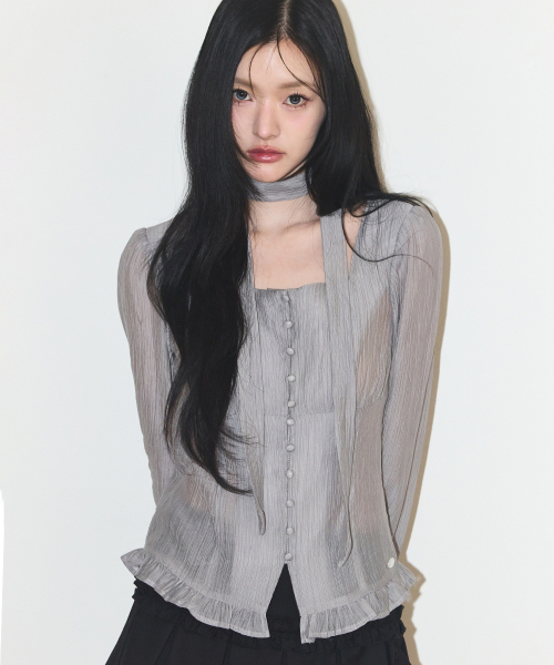 리본 타이 스퀘어넥 롱블라우스 그레이