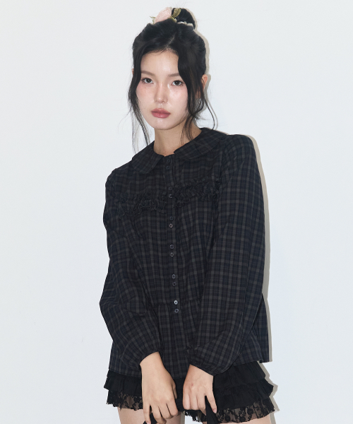 러플 라운드 셔츠 체크 네이비