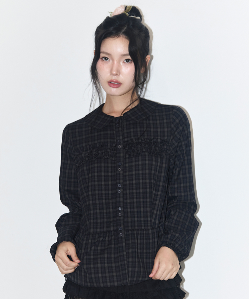 러플 라운드 셔츠 체크 네이비