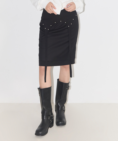 스터드 레이어드 미디 스커트 블랙