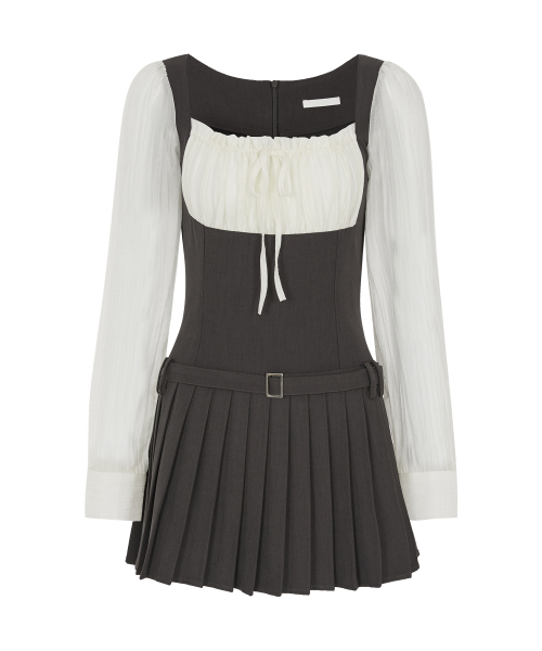 프레피 리본 플리츠 원피스 차콜