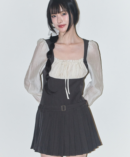 프레피 리본 플리츠 원피스 차콜