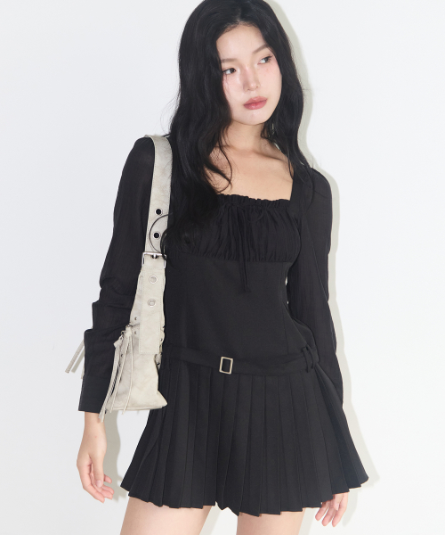 프레피 리본 플리츠 원피스 블랙