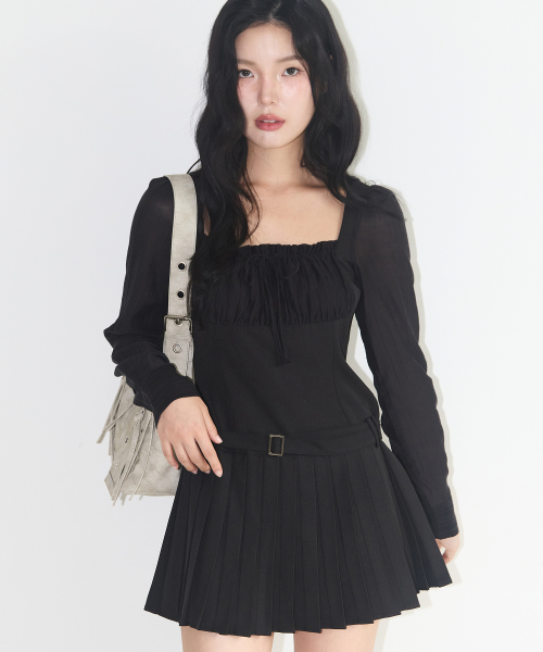 프레피 리본 플리츠 원피스 블랙