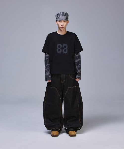 더블니 배기 카펜터 생지 데님[블랙]