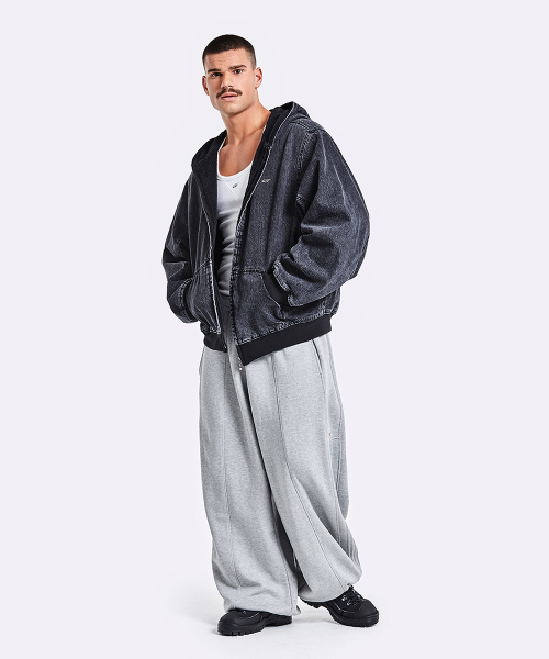 Oversized Denim Hoodie Zip-Up - Black