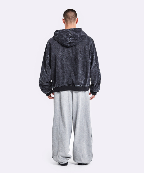 Oversized Denim Hoodie Zip-Up - Black