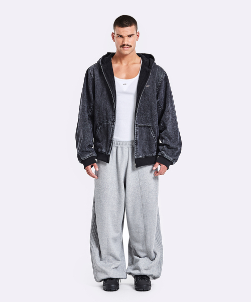 Oversized Denim Hoodie Zip-Up - Black