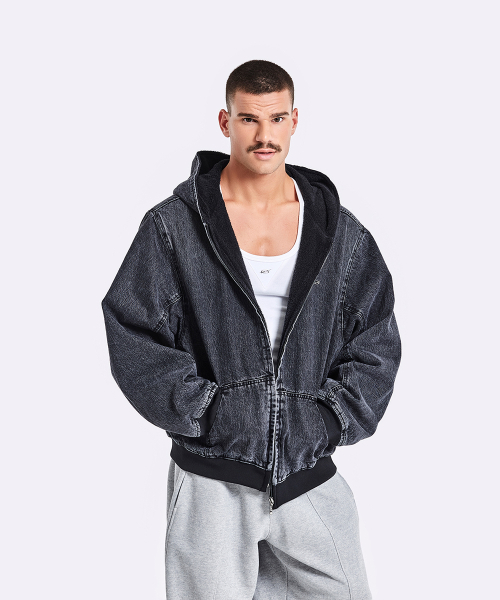 Oversized Denim Hoodie Zip-Up - Black