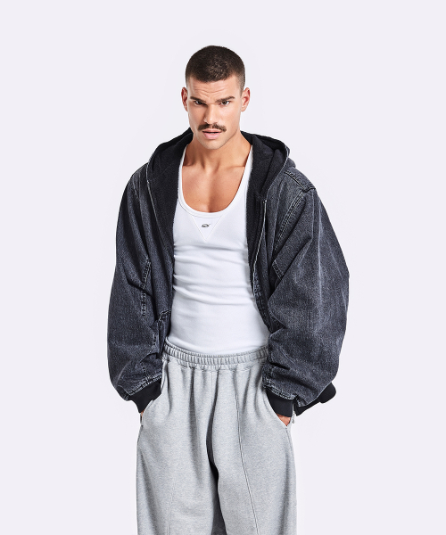 Oversized Denim Hoodie Zip-Up - Black