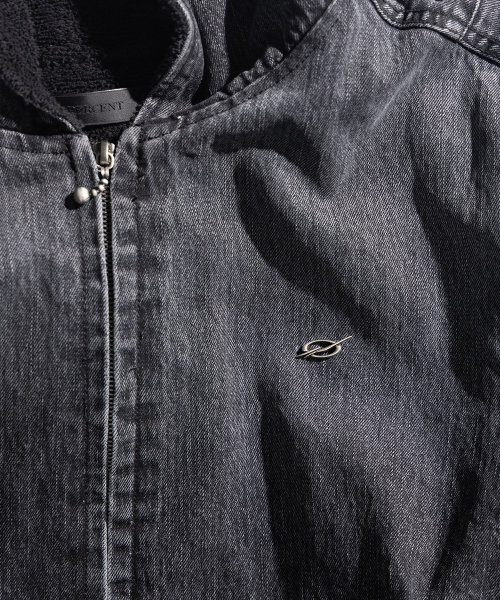 Oversized Denim Hoodie Zip-Up - Black