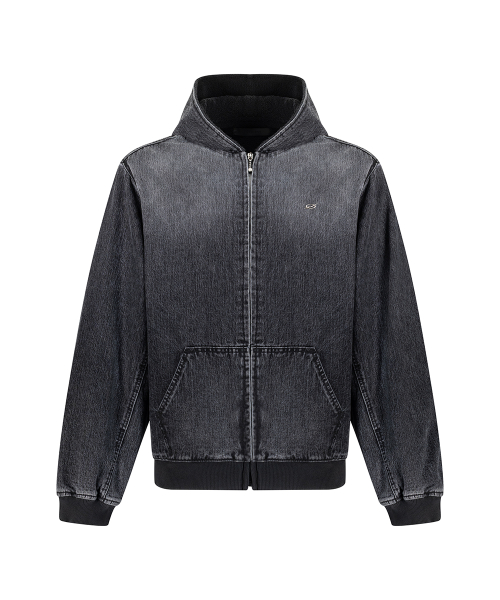 Oversized Denim Hoodie Zip-Up - Black