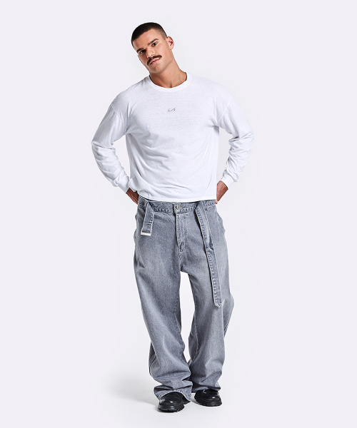 Belted Denim Pants - Grey