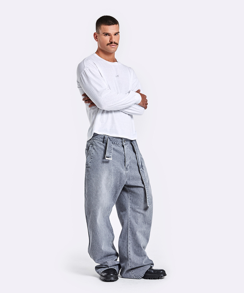 Belted Denim Pants - Grey