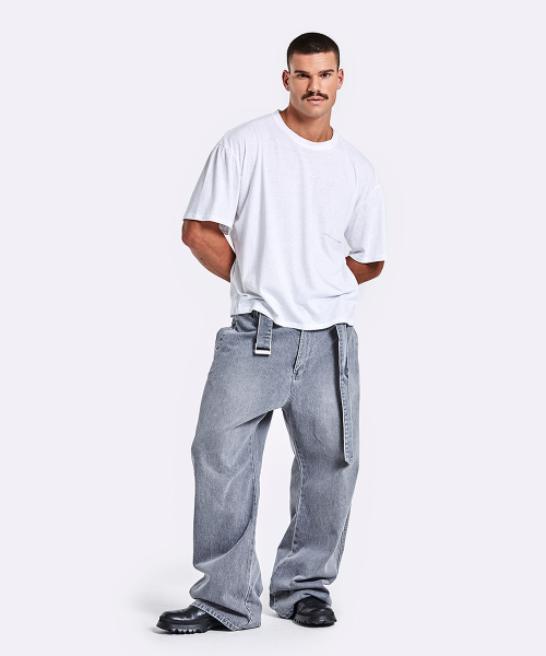 Belted Denim Pants - Grey