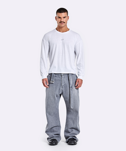 Belted Denim Pants - Grey