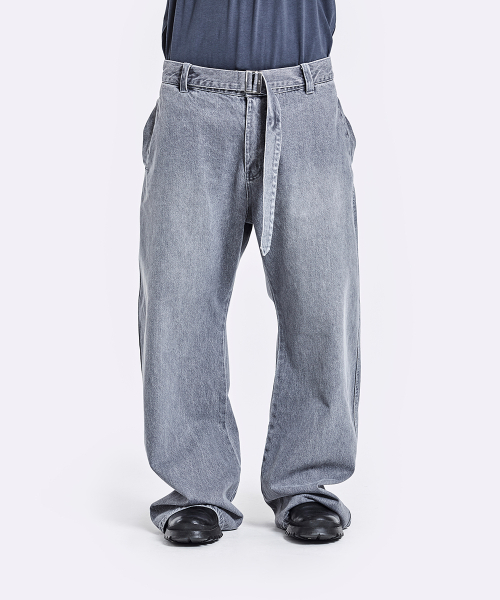 Belted Denim Pants - Grey