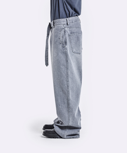 Belted Denim Pants - Grey