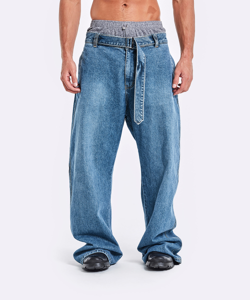 Belted Denim Pants - Blue