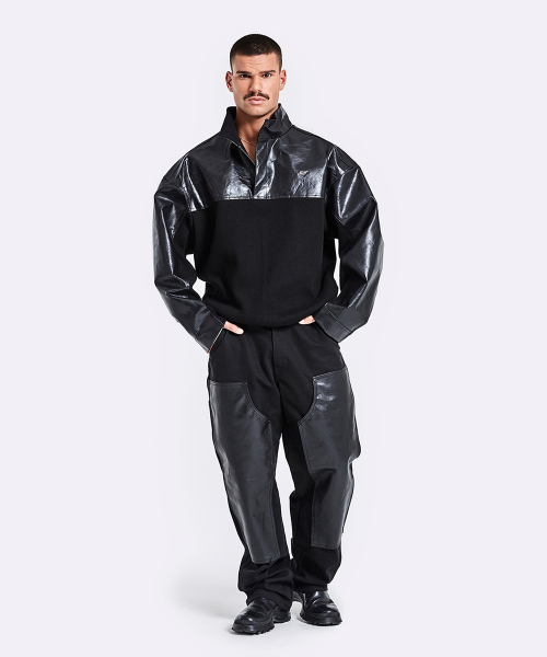Leather Knit Anorak - Black