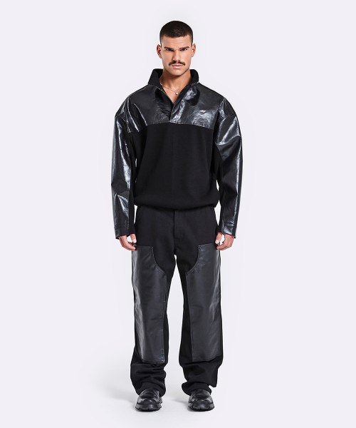 Leather Knit Anorak - Black
