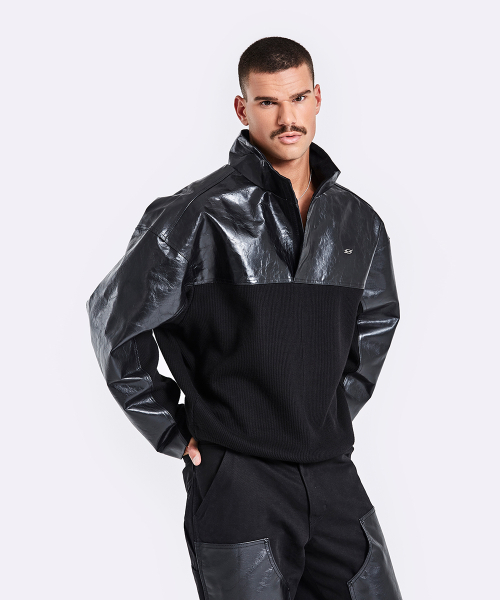 Leather Knit Anorak - Black