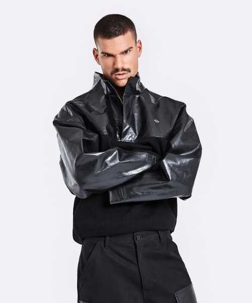 Leather Knit Anorak - Black