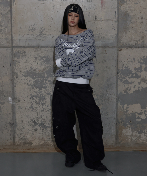 STRIPE ONE-SHOULDER SWEATSHIRT (GRAY ST) F25ZB017