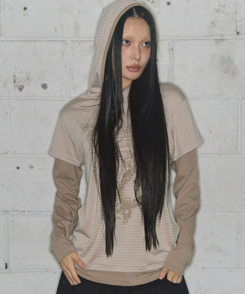 STRIPE LAYERED HOODIE (BEIGE) F25ZB024