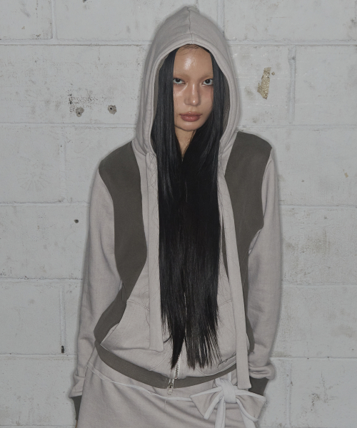 DYE-WASH LAYERED HOODED ZIP-UP (BROWN) F25ZA009