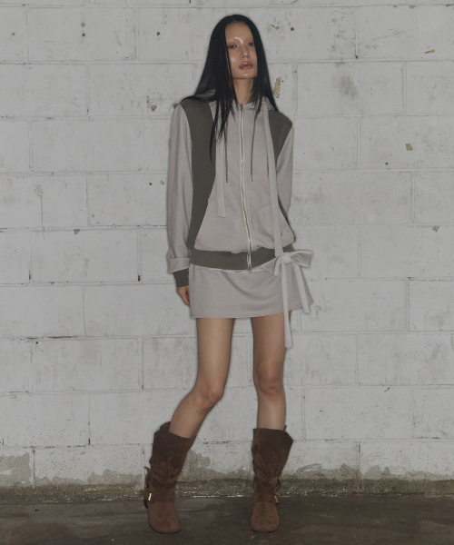 DYE-WASH LAYERED HOODED ZIP-UP (BROWN) F25ZA009