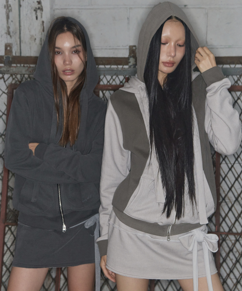 DYE-WASH LAYERED HOODED ZIP-UP (BROWN) F25ZA009