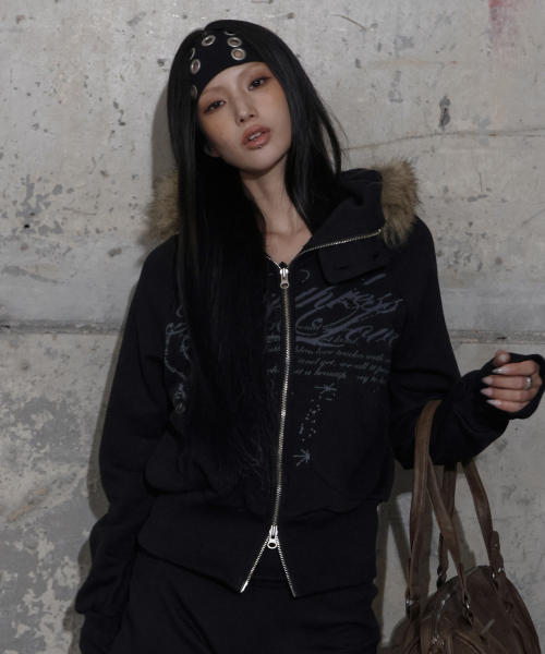RUTHLESS FUR HOODED ZIP-UP (BLACK) F25ZA005