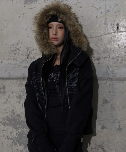 RUTHLESS FUR HOODED ZIP-UP (BLACK) F25ZA005