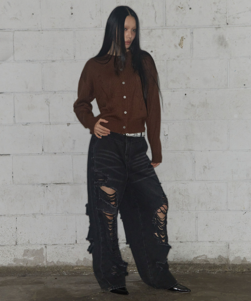 WASHED DAMAGE DENIM PANTS (BLACK) F25ZD979
