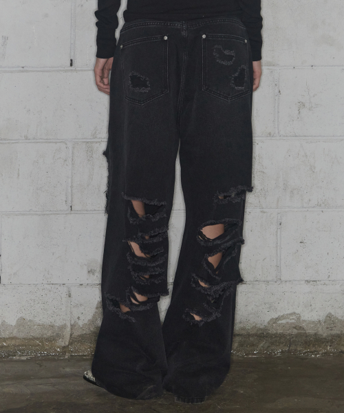 WASHED DAMAGE DENIM PANTS (BLACK) F25ZD979