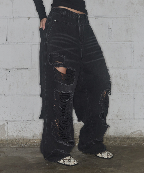 WASHED DAMAGE DENIM PANTS (BLACK) F25ZD979