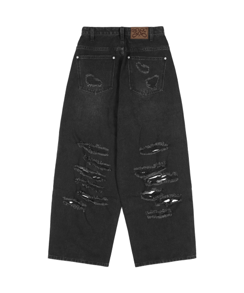 WASHED DAMAGE DENIM PANTS (BLACK) F25ZD979