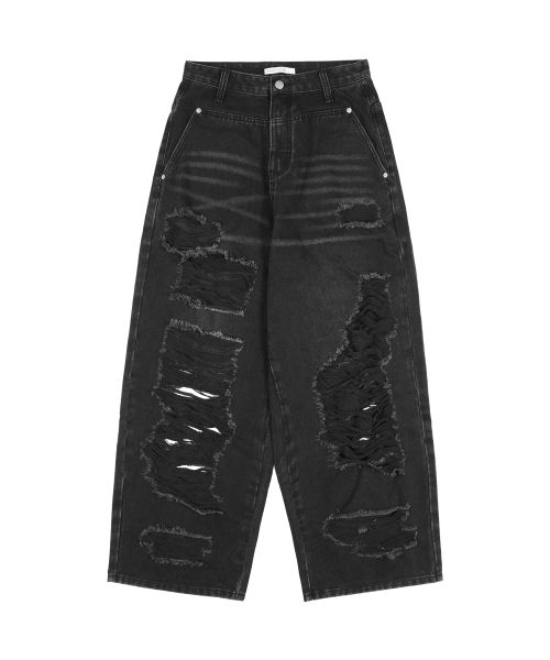 WASHED DAMAGE DENIM PANTS (BLACK) F25ZD979