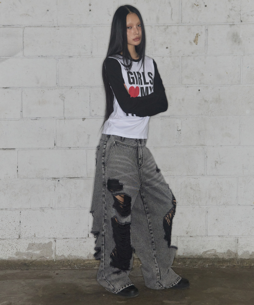 WASHED DAMAGE DENIM PANTS (GRAY) F25ZD979